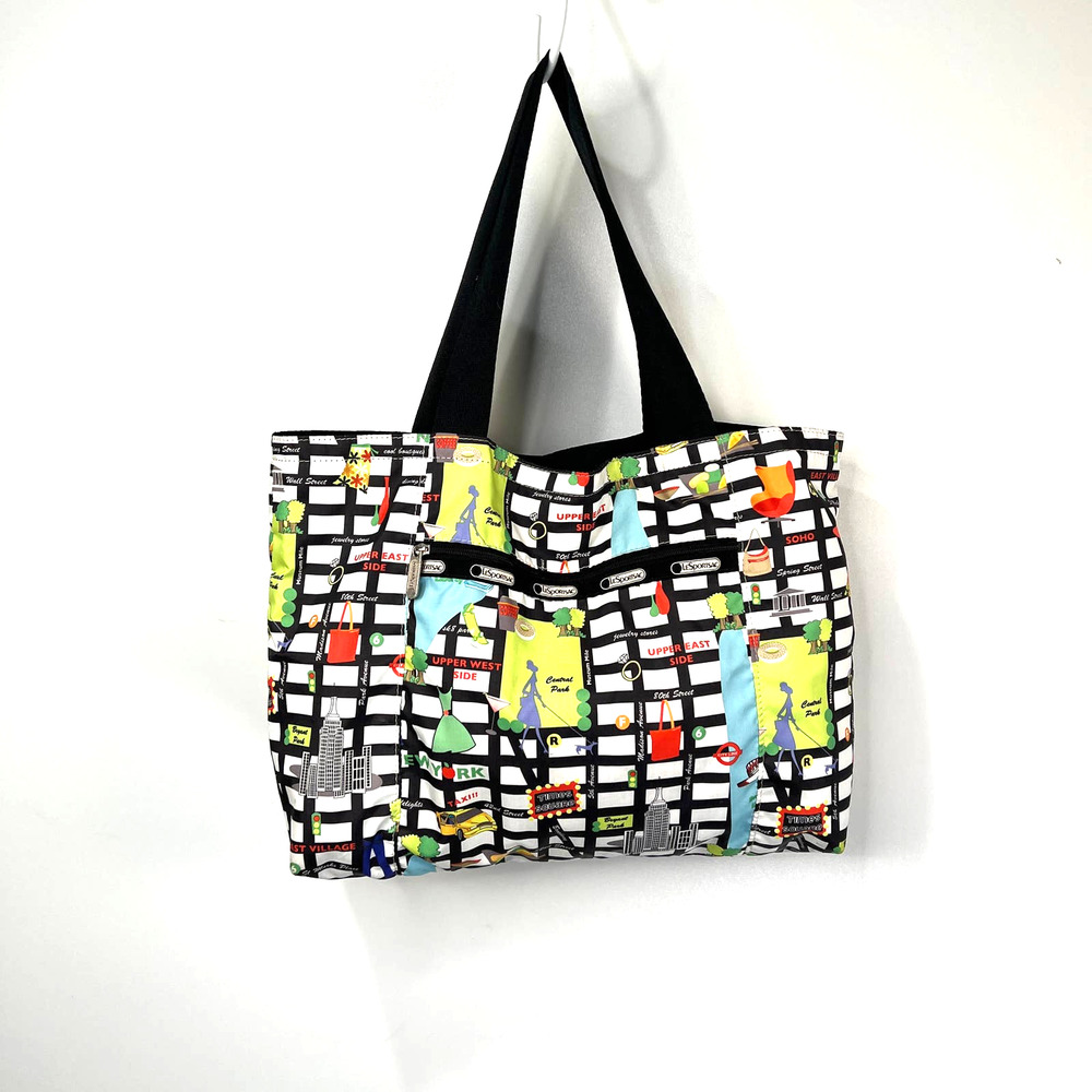 Vintage Lesportsac Reversible Tote New York City Map Print Black Lightweight